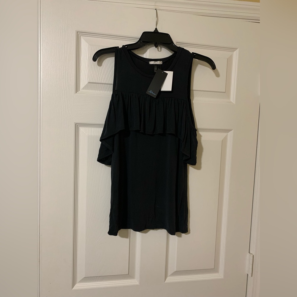 NWT Soprano Black Asymmetrical‎ Ruffled Sleeveless Blouse Sz L Romantic Coquette